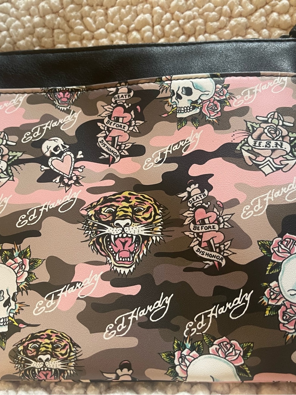 Ed Hardy Pink & Brown Camo Tiger Skull Print Clutch. NWOT